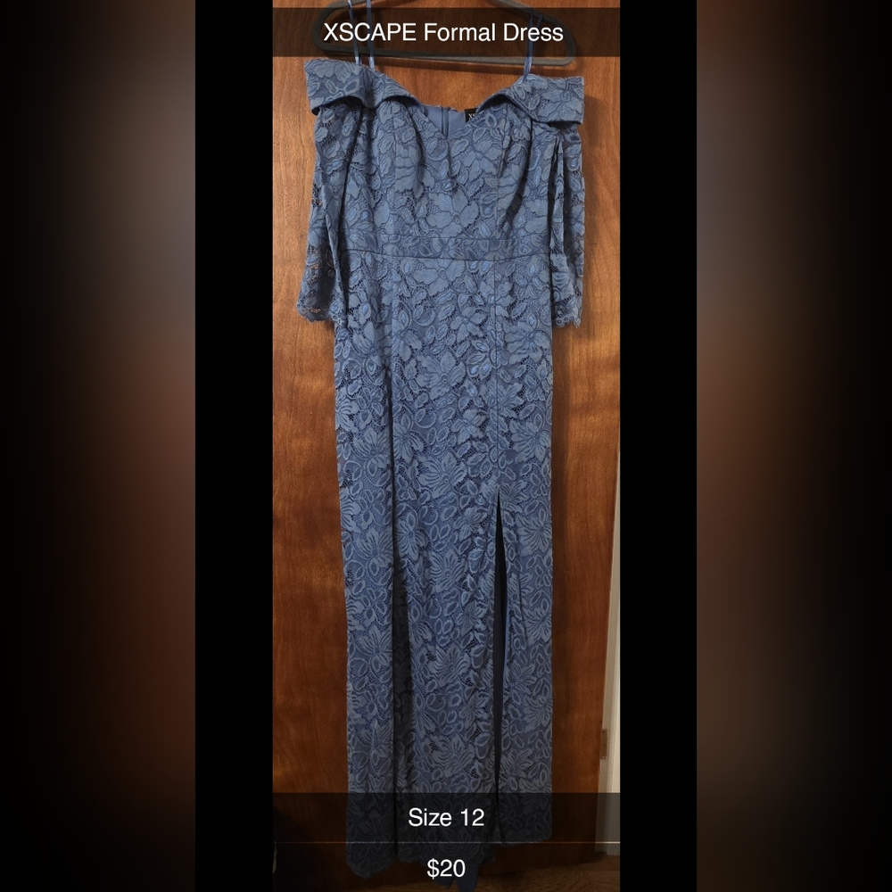 Xscape Off-Shoulder Blue Lace Gown